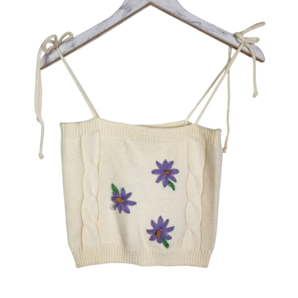 FORE Tank Top Womens Large Cream Knit Camisole Tie Strap‎ Embroidered Floral